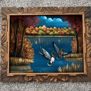 Vintage | Hand Painted Oil Velvet Painting with Carved Wooden Frame | Duck Pond